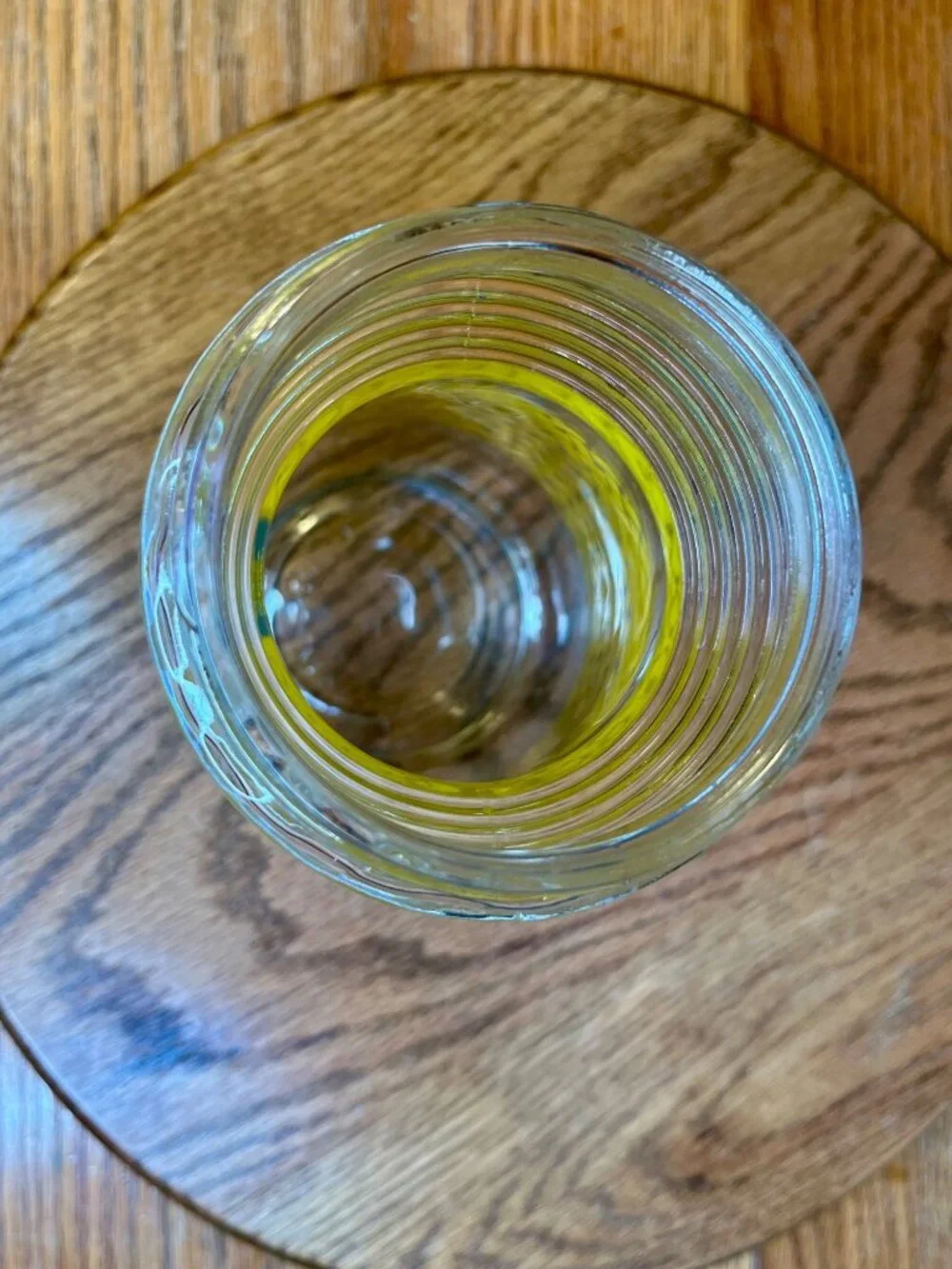 Vintage Folger's glass carafe with lid. Bright yellow basket weave design. Measu